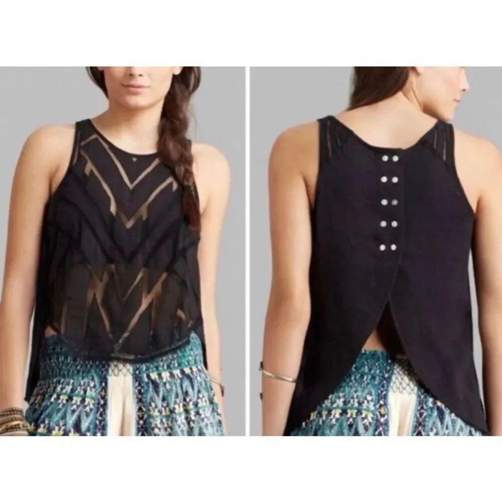 Free People Ginger Cutwork Black Sheer BOTTON BOHO TANK TOP sz S